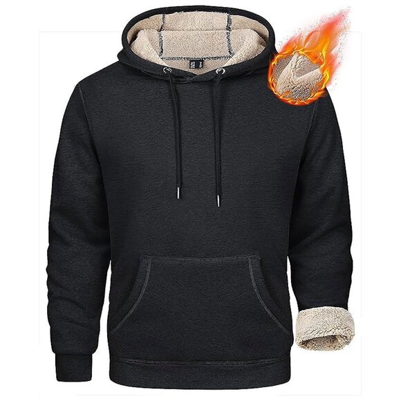 Men's Heavy Hoodie Sherpa Fleece Lined Pullover Thick Winter Black